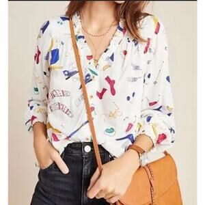 Anthropologie Maeve Marisol Ruffled Blouse 6P Ski Print Button Front snow